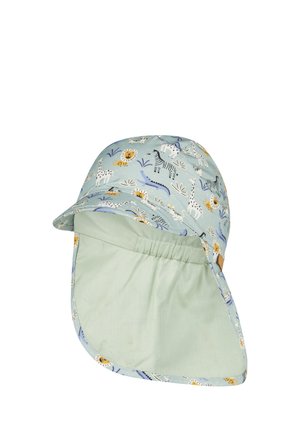 Children’s sun hat with neck flap, light blue with animal prints including lions, giraffes, zebras, and crocodiles.