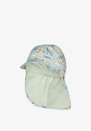 Kinder-Sonnenhut mit Nackenschutz, hellblau mit Tiermotiven wie Löwen, Giraffen, Zebras und Krokodilen.