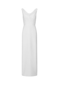 Weißes Abendkleid mit drapiertem, ausgeschnittenem Ausschnitt. Bodenlänges Design, glatte Stoffoberfläche und eine taillierte obere Partie, die in einen geraden Rock übergeht.