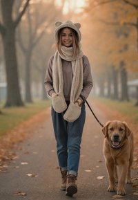 Beige bjørneøre hoodie, matchende tørklæde med håndlommer, grå top, blå jeans og brune støvler. En golden retriever går på en stis fyldt med blade.