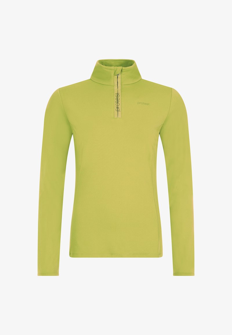 Langsleeve pullover met ritssluiting in fel limoen groene stof. Heeft een hoge kraag en een subtiel logo links. Glad textuur.