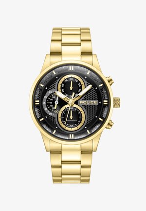 Złocony zegarek naręczny z chronografem, czarną tarczą o strukturze plastra miodu, trzema subtarczami, świecącymi wskazówkami oraz logo "POLICE" na bransolecie ze stali nierdzewnej.