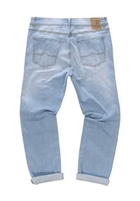 Hellblaue Denim-Jeans mit geradem Bein, aufgerollten Säumen und zwei Gesäßtaschen mit einem dezenten Bergstichmuster.
