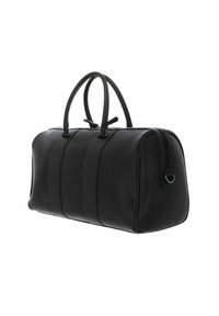 Black leather duffel bag with smooth texture, rounded shape, dual handles, zip closure, and subtle horizontal panel detailing.