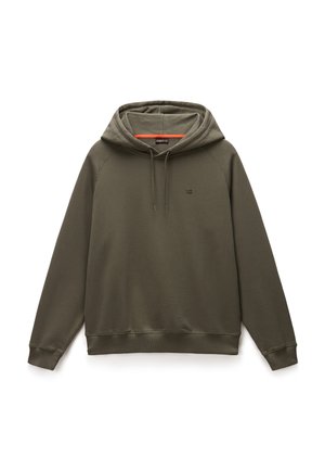 Olijfgroene hoodie van zacht materiaal, met een trekkoordkap, ribgebreide manchetten en onderzoom, en een klein logo op de borst.