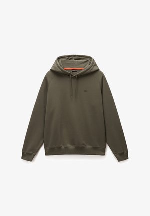 Huppari oliivinvihreä, pehmeästä kankaasta valmistettu, jossa on naru syksyt, ribbaatut hihansuut ja helma, sekä pieni logo rinnassa.