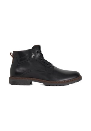 Black leather ankle boot with a smooth finish, brown accents, round toe, lacing system, and a textured rubber sole for grip.