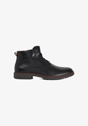 Black leather ankle boot with a smooth finish, brown accents, round toe, lacing system, and a textured rubber sole for grip.