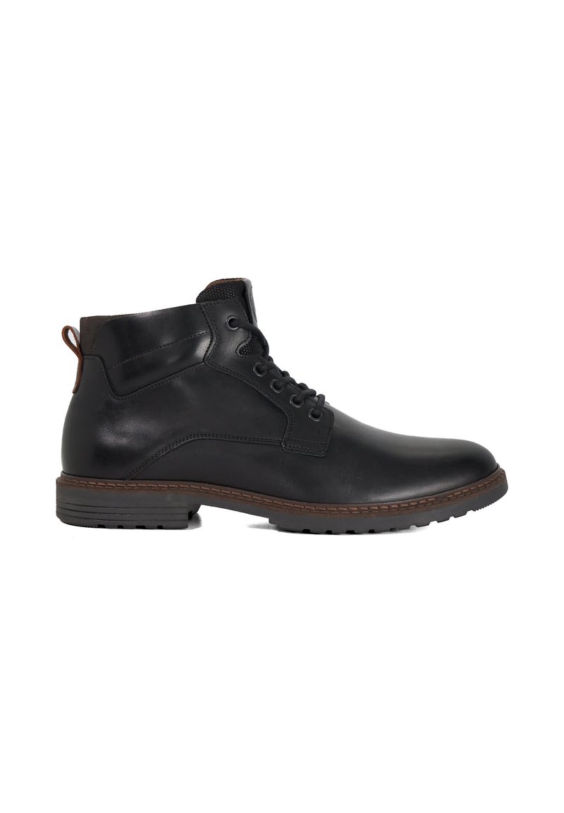 Black leather ankle boot with a smooth finish, brown accents, round toe, lacing system, and a textured rubber sole for grip.