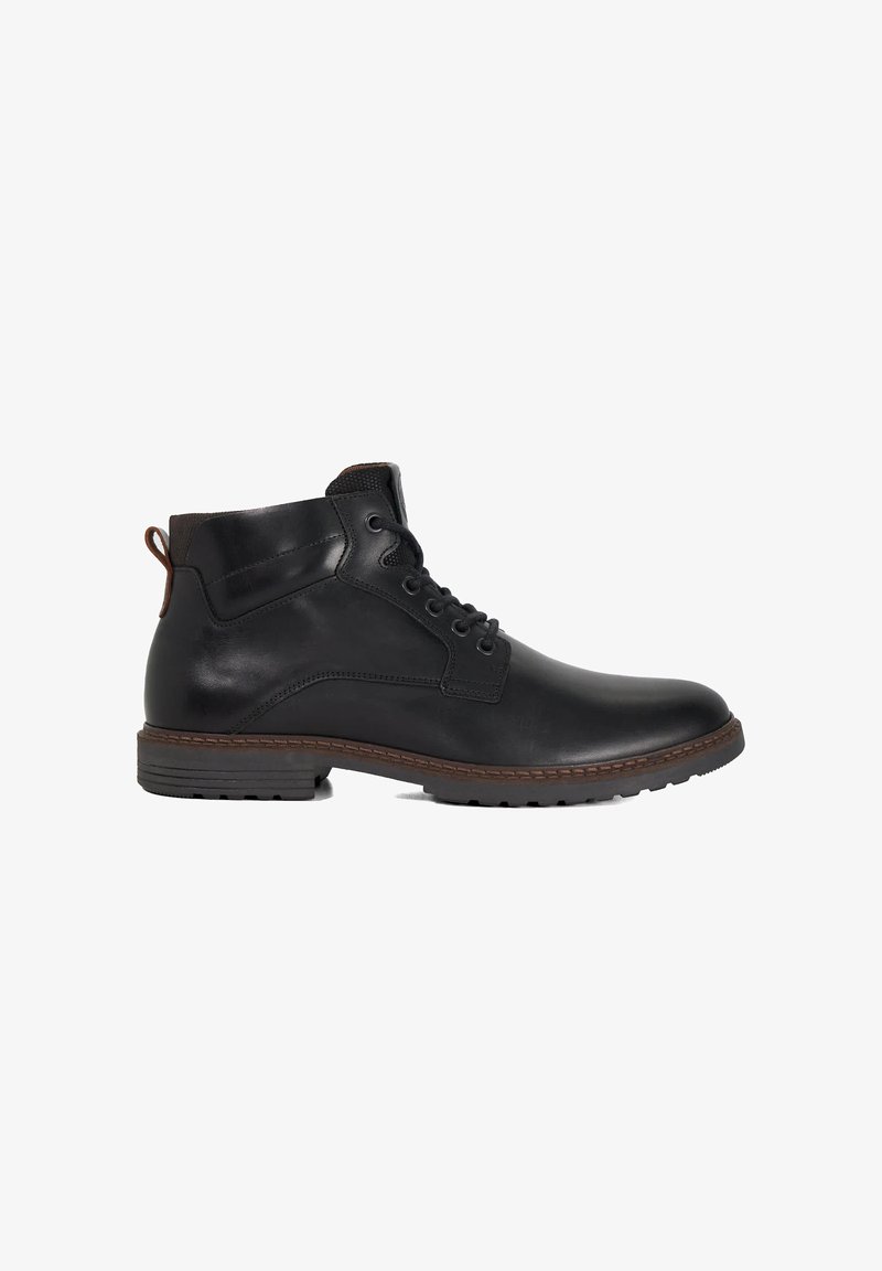 Black leather ankle boot with a smooth finish, brown accents, round toe, lacing system, and a textured rubber sole for grip.