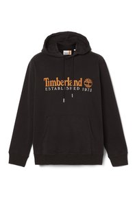 Felpa con cappuccio nera Timberland con tasca frontale, logo arancione e testo "Timberland Established 1973" sul petto.