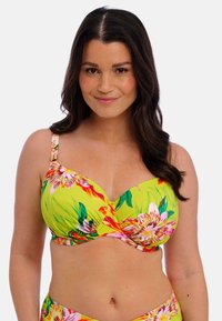 Groene bloemen bikini-top met gevormde cups, verstelbare schouderbanden en een gedraaide voorkant. Kenmerkt zich door heldere roze en levendige bloemmotieven.