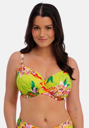 Green floral bikini top with molded cups, adjustable straps, and a twisted front design. Features bright pink and vibrant floral patterns.