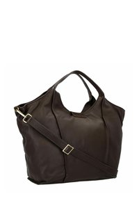 Borsa a mano in pelle marrone con doppi manici e tracolla removibile. Presenta una texture morbida, un interno spazioso e dettagli in metallo.