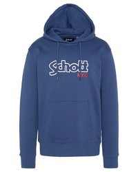 Felpa blu in cotone con tasca frontale, cappuccio con cordoncino e logo testuale bianco "Schott" con "N.Y.C" in rosso. Polsini e orlo a costine.