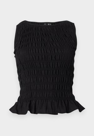 Haut noir sans manches avec texture élastique froncée, encolure bateau et ourlet à volants en bas.