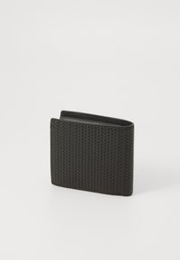 Black wallet made of textured woven material, compact rectangular shape with a smooth inner lining, showcasing simple design and minimal hardware.