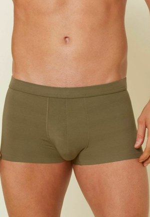 Grüne Baumwollboxershorts mit einer eng anliegenden Passform, ausgestattet mit einem nahtlosen Bund und einer weichen, glatten Textur. Einfach und vielseitig.