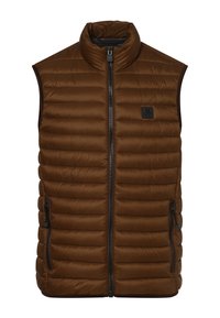 Brauner Puffer-Weste mit hohem Kragen, Reißverschluss vorne und zwei Seitentaschen. Verfügt über ein horizontales Steppmuster und ein kleines Logo-Patch.