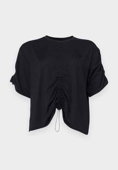 Must must cropped top pehmest kangast, ümmarguse kaelusega, lühikeste varrukatega ja ees tõmblukuga seotud detailidega.
