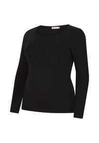 Black long-sleeve top with a wrap design, featuring a v-neckline and a fitted shape. Made from smooth fabric with a soft texture.