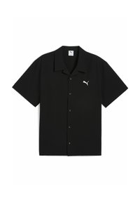 Czarna koszula z krótkim rękawem, z kołnierzykiem, teksturowana tkanina, z przodu na guziki i białym logo PUMA na lewej piersi.