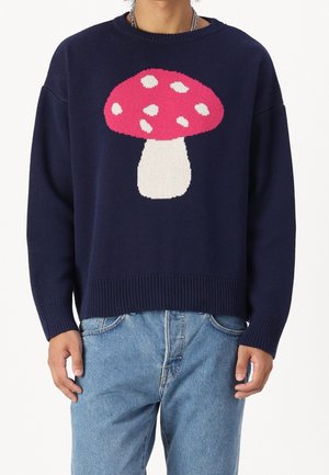 Personne portant un pull bleu marine avec un grand motif de champignon rose et blanc à pois, associé à un jean bleu clair.