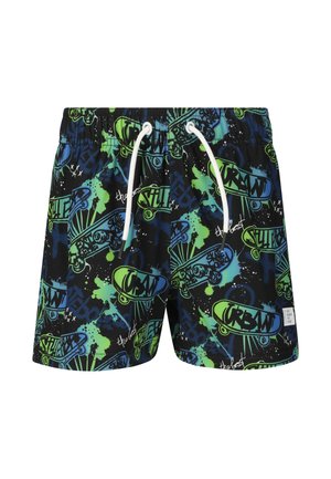 Sorte badeshorts med grønt og blåt skateboard-graffitimønster, hvid snor og lille hvid label på kanten.