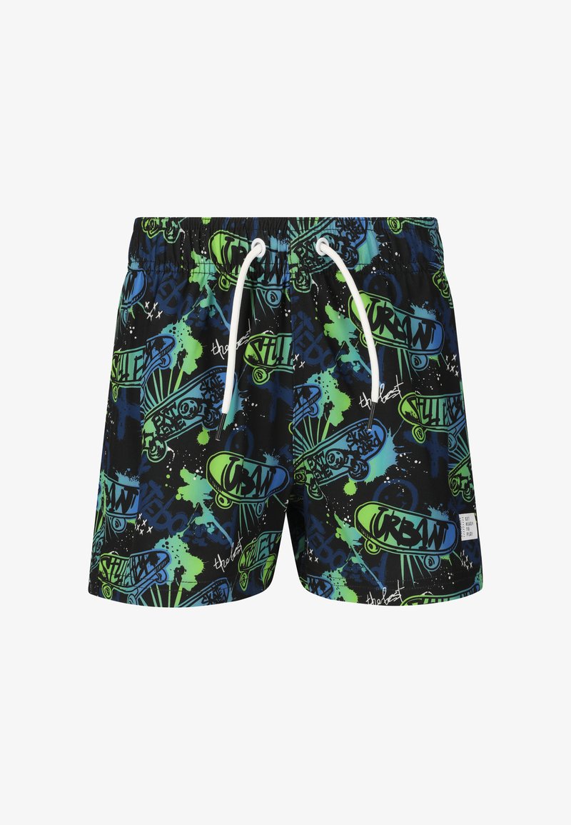 Shorts de bain noirs avec motif graffiti skate vert et bleu, cordon de serrage blanc et petite étiquette blanche à l'ourlet.
