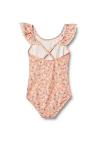 Maillot de bain une pièce floral en rose doux avec des manches volantées, des bretelles croisées dans le dos et de délicates bordures en dentelle. Présente de petites fleurs bleues et jaunes.