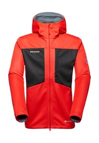 Rød og sort Mammut softshell-jakke med hætte, frontlynlås og sidelommer, designet til udendørs brug med Windstopper-stof.
