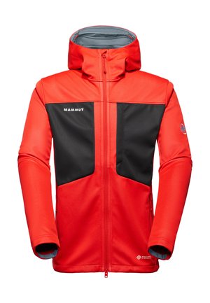 Rode en zwarte Mammut softshell jas met capuchon, voorzijde met rits en zijzakken, ontworpen voor buitengebruik met Windstopper-stof.