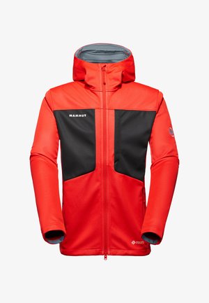 Rød og sort Mammut softshell-jakke med hætte, frontlynlås og sidelommer, designet til udendørs brug med Windstopper-stof.