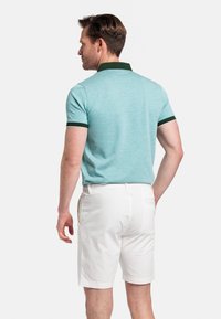 Polo shirt in licht teal met donker groene kraag en mouwstrepen, gecombineerd met witte shorts. Glad materiaal, korte mouwen en casual pasvorm.