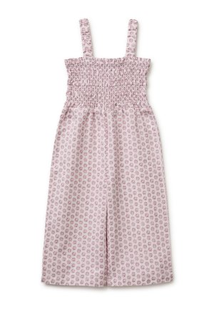 Ärmelloser Mädchen-Jumpsuit mit gerafftem Oberteil, weiten Beinen und einem rosa Blumenmuster auf hellem Hintergrund.