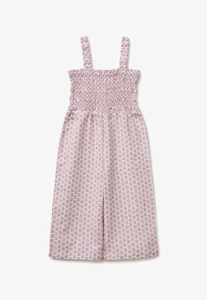 Combinaison sans manches pour fille avec corsage smocké, jambes larges, et motif floral rose sur fond clair.