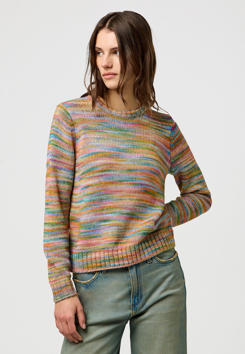 Colorful knitted sweater featuring horizontal stripes in shades of pink, blue, green, and yellow, with a crew neck and ribbed hem.