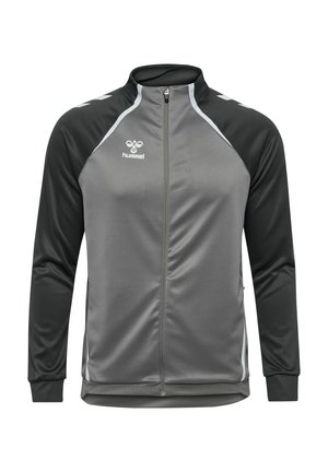 Grauer Sportjacke mit schwarzen Ärmeln, Reißverschluss, hohem Kragen und weißen Akzenten. Mit gesticktem Logo auf der Brust.