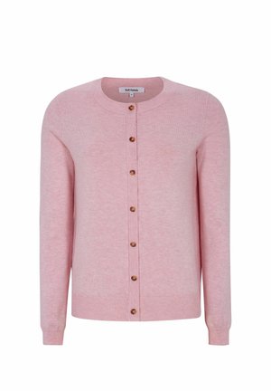 Gaiši rozā adīta jaka ar apaļu izgriezumu, garām piedurknēm un koka pogām priekšpusē. Ribota apakša un aproces. Mīksta tekstūra.