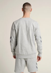 Sudadera gris claro de manga larga, con puños y dobladillo de canalé; presenta rayas en forma de chevrón gris oscuro en las mangas. Combinada con pantalones cortos a juego.