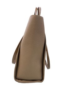 Borsa a tracolla in pelle beige con texture, forma triangolare, base piatta, due sottili cinturini e design minimalista.