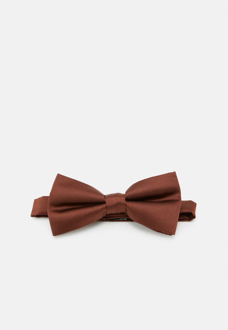 Brown satin bow tie with a smooth texture, featuring a central knot and adjustable strap, suitable for formal occasions.