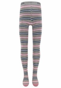 Collants rayés gris présentant des bandes horizontales bleu marine et rose. Tissu doux avec un ajustement confortable et des orteils renforcés.