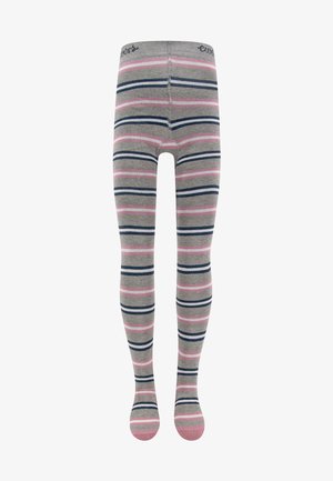 Collants rayés gris présentant des bandes horizontales bleu marine et rose. Tissu doux avec un ajustement confortable et des orteils renforcés.