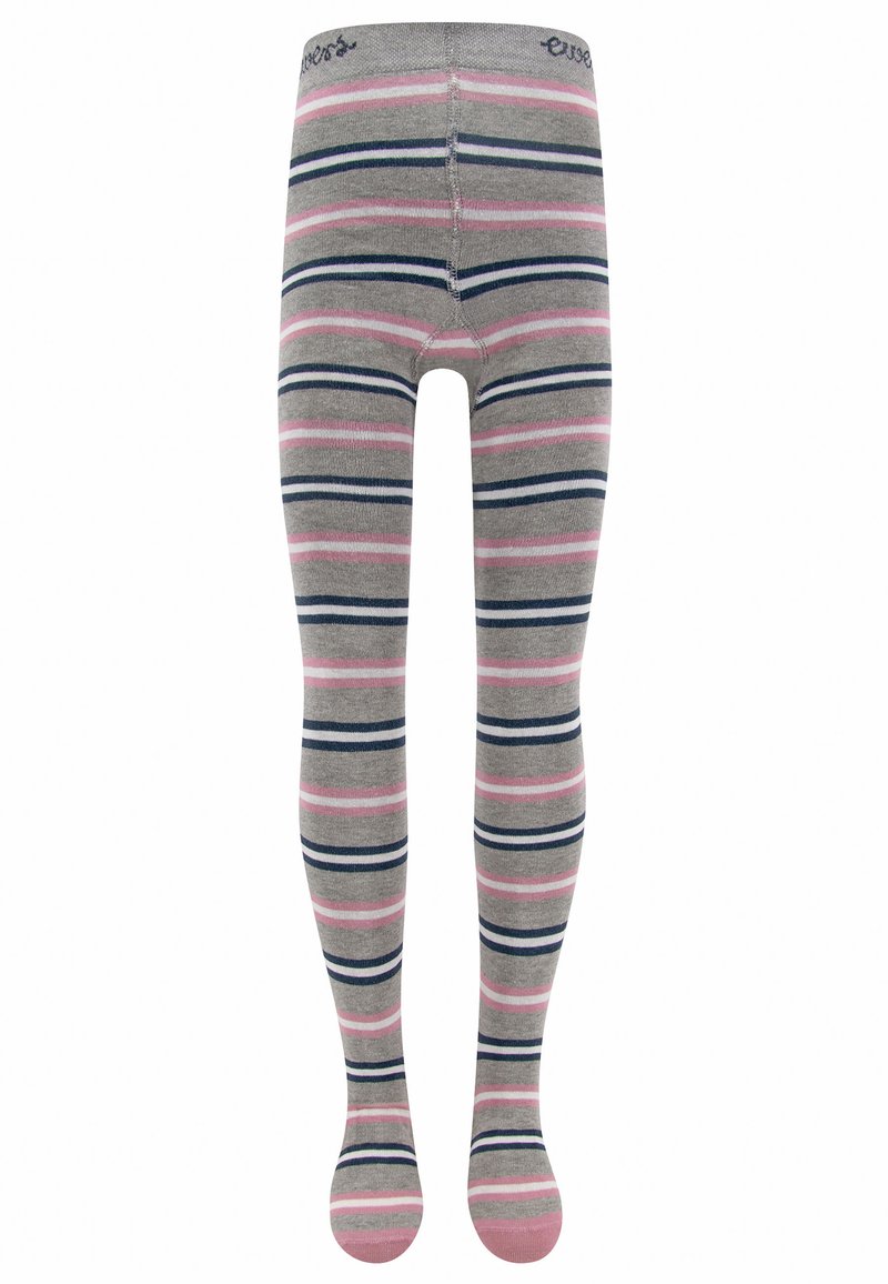 Collants rayés gris présentant des bandes horizontales bleu marine et rose. Tissu doux avec un ajustement confortable et des orteils renforcés.