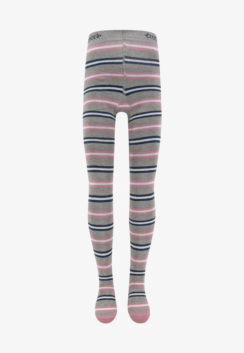 Szare rajstopy w paski z poziomymi pasami w kolorze granatowym i różowym. Miękka tkanina z dopasowanym krojem i wzmocnionymi palcami.