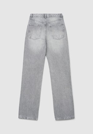 Graue Denim-Jeans mit weitem Bein und verwaschener Textur, ausgestattet mit zwei Gesäßtaschen und einem geraden Schnitt, entworfen für eine lockere Passform.