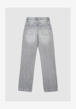 Graue Denim-Jeans mit weitem Bein und verwaschener Textur, ausgestattet mit zwei Gesäßtaschen und einem geraden Schnitt, entworfen für eine lockere Passform.