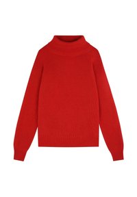 Suéter de cuello alto de canalé rojo con mangas largas, que presenta un cuello ajustado y un patrón texturizado en toda la prenda, hecho de un material de punto suave.
