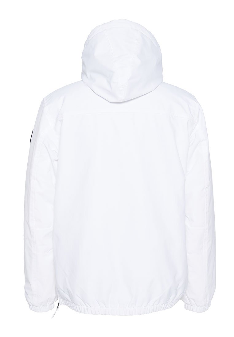 Giacca bianca con cappuccio, dotata di polsini e fondo elasticizzati, caratterizzata da una texture liscia e un design semplice. Nessun hardware o motivo visibile.